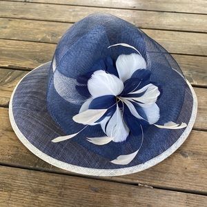 August Hat Company Navy Straw Derby Hat Wide Brim Giant Flower Feathers